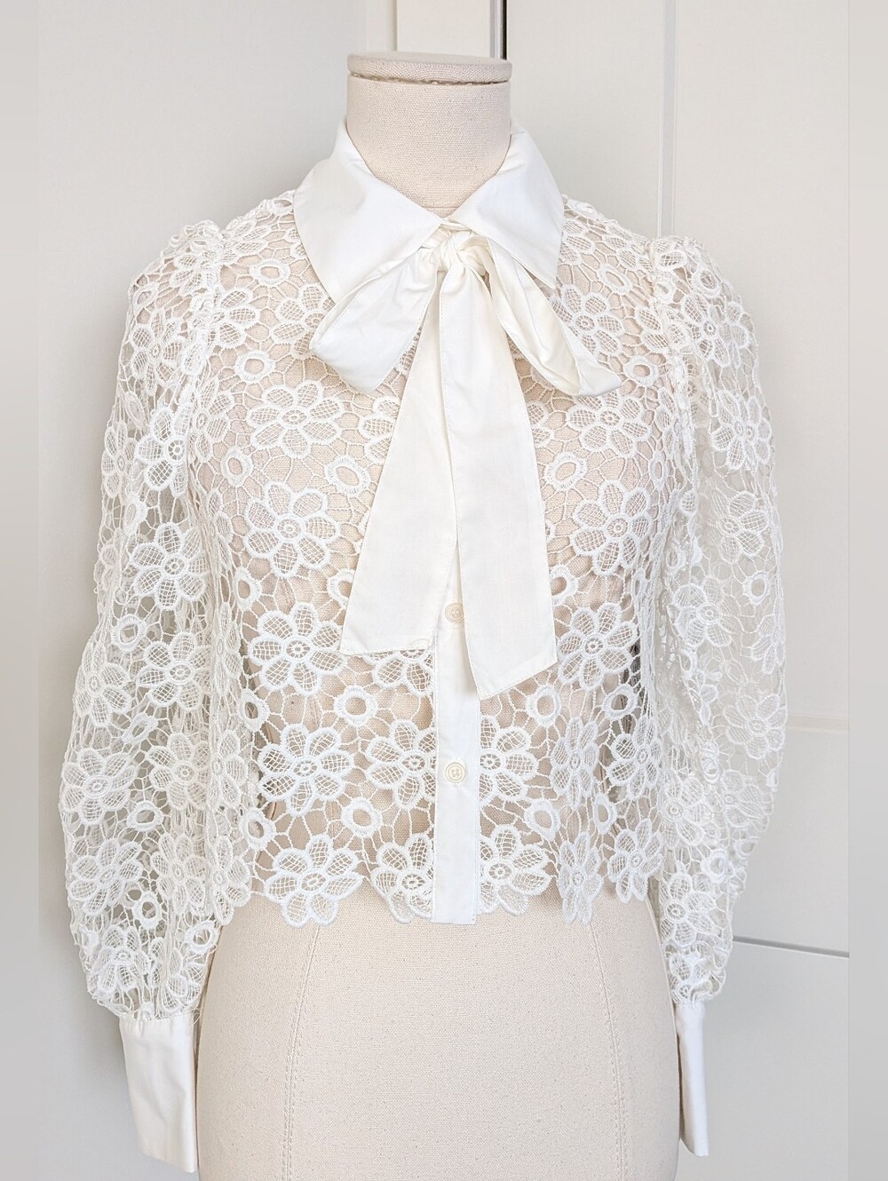 Zara White Sheer Lace Floral Button up Neck tie Collar Cropped Shirt